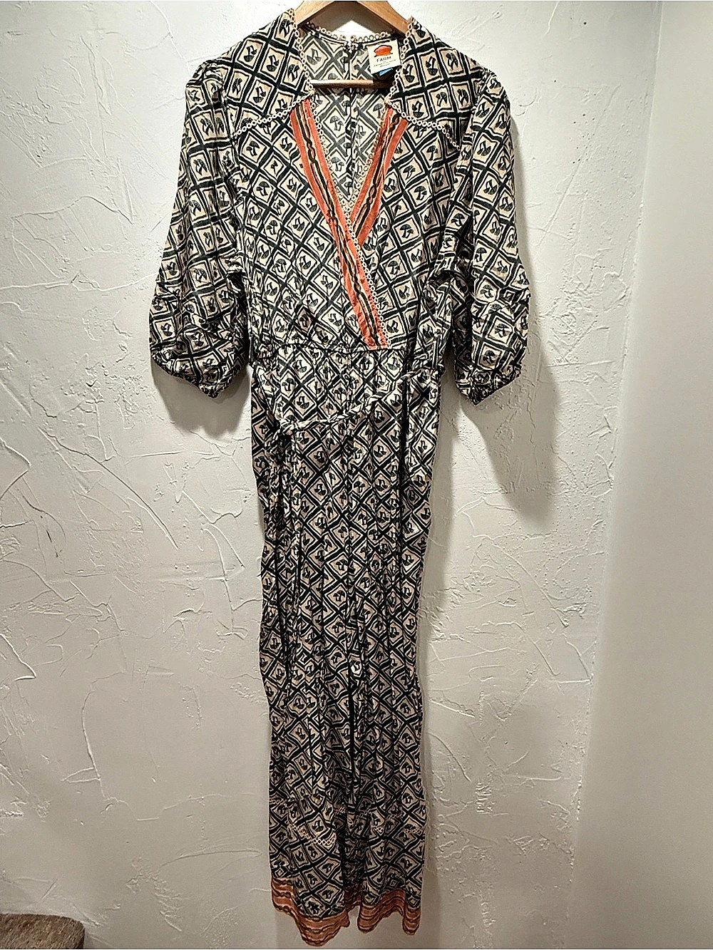 Anthropologie FARM Rio Mushroom Satin Jumpsuit Beige & Blue Size XL Like New